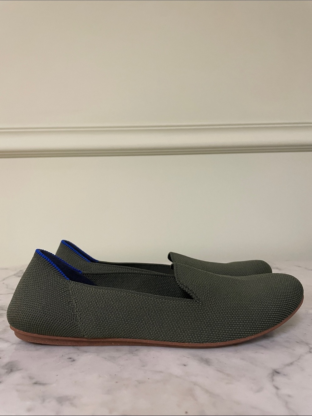 Rothy's Olive Green Knit Loafers with Blue Accent